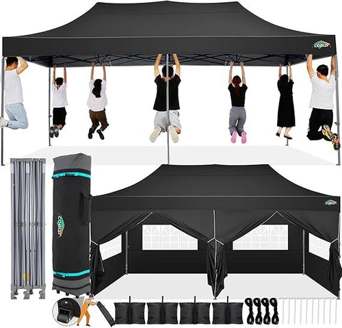 COBIZI Faltpavillon 3 x 6 m – Wasserdichtes Pop-Up Partyzelt mit Seitenwänden, stabil & winterfest, inkl. Tragetasche mit Rollen (Schwarz)