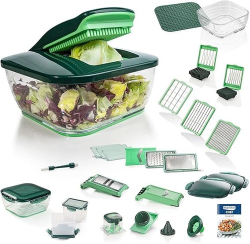Genius Nicer Dicer Chef 34-in-1 Multifunktions-Gemüseschneider – Mandoline, Profi-Gemüsehobel mit Glas-Schüssel, Tomatenschneider, für Scheiben, Sticks, Streifen, Spiralen & Julienne