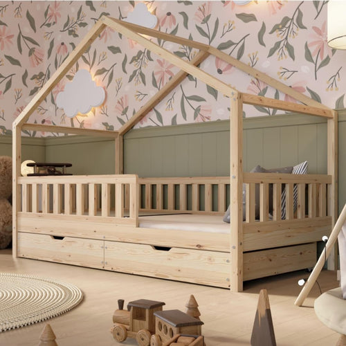 Crazy Pine Hausbett mit Schubladen 200×90 cm – Kinderbett aus Naturholz mit Rausfallschutz – Montessori Bodenbett mit zusätzlichen Stauraum und und Abnehmbarer Barriere – Crazy House 1