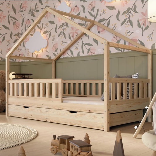 Crazy Pine Hausbett mit Schubladen 200×90 cm – Kinderbett aus Naturholz mit Rausfallschutz – Montessori Bodenbett mit zusätzlichen Stauraum und und Abnehmbarer Barriere – Crazy House 1