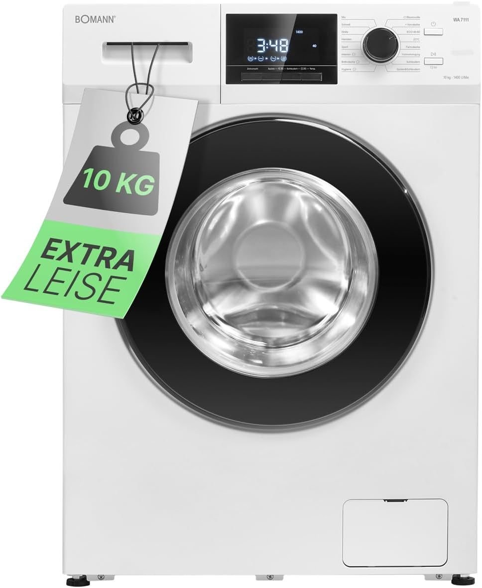 Bomann Waschmaschine 10kg | max. 1400 U/min | 10 Jahre Motor-Garantie | effizienter, leiser & langlebiger Invertermotor | 15 Programme | Endzeitvorwahl | LED-Display | Washing Machine WA 7110