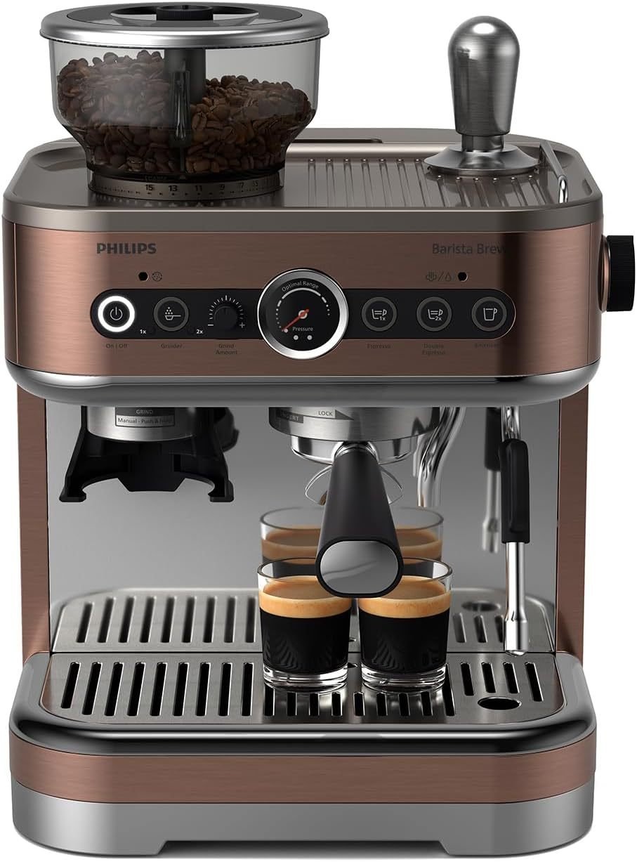 Philips Barista Brew Halbautomatische Espressomaschine – Einfacher & doppelter Espresso + Americano Taste, 250g Bohnenbehälter, Intuitive Führung, Kalibriertes Stampfen, Metall Silber (PSA3218/01)