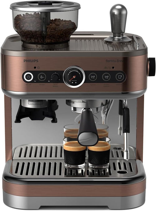 Philips Barista Brew Halbautomatische Espressomaschine – Einfacher & doppelter Espresso + Americano Taste, 250g Bohnenbehälter, Intuitive Führung, Kalibriertes Stampfen, Metall Silber (PSA3218/01)