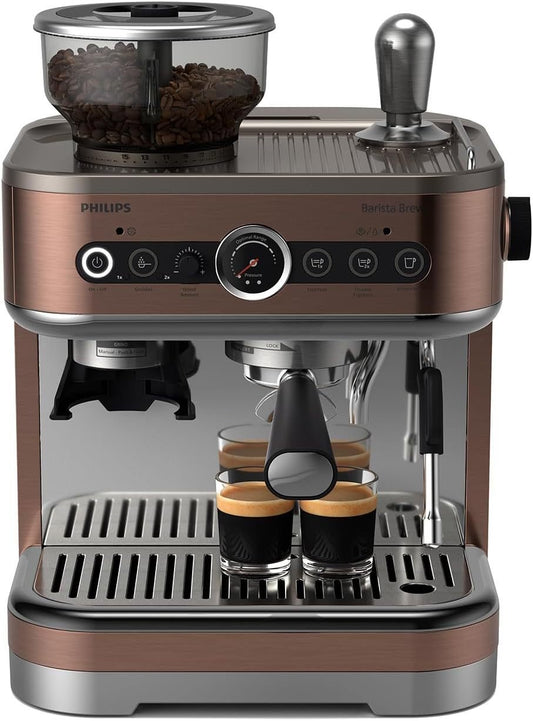 Philips Barista Brew Halbautomatische Espressomaschine – Einfacher & doppelter Espresso + Americano Taste, 250g Bohnenbehälter, Intuitive Führung, Kalibriertes Stampfen, Metall Silber (PSA3218/01)