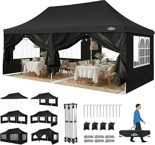 COBIZI Faltpavillon 3 x 6 m – Wasserdichtes & winterfestes Partyzelt, stabil, UV-Schutz, mit 6 Seitenwänden & 4 Sandsäcken (Schwarz)