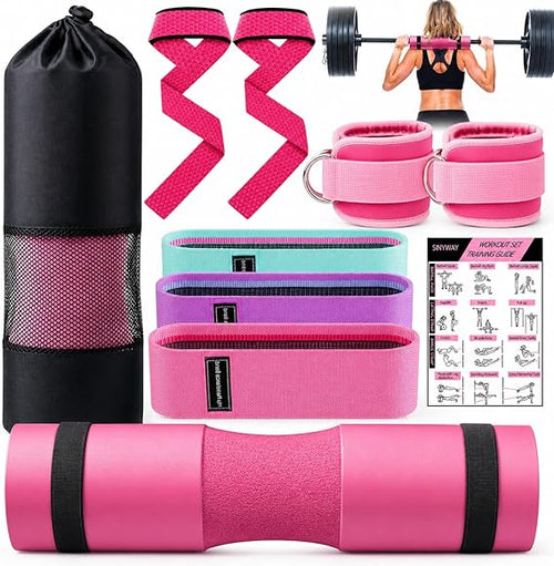 SINYWAY Langhantel Polster Set für Squats & Hip Thrusts – 10-teiliges Fitness Zubehör Set mit Barbell Pad, Knöchelriemen, Widerstandsbändern & Tragebeutel