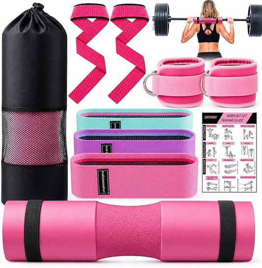 SINYWAY Langhantel Polster Set für Squats & Hip Thrusts – 10-teiliges Fitness Zubehör Set mit Barbell Pad, Knöchelriemen, Widerstandsbändern & Tragebeutel