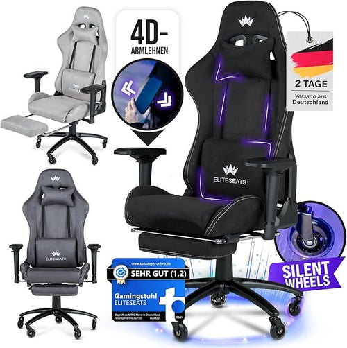 ELITESEATS Ergonomischer Gaming-Stuhl (Testsieger) – Atmungsaktiver Stoff, 4D-Armlehnen, kratzfreie Rollen & Fußstütze, 150 kg Belastbarkeit