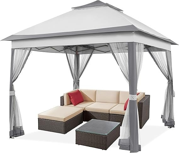 Yaheetech Faltpavillon 3,3 x 3,3 m – Wasserdichtes Pop-Up Partyzelt, höhenverstellbar, mit Moskitonetzen & Doppeldach, inkl. Tragetasche (Hellgrau/Dunkel)