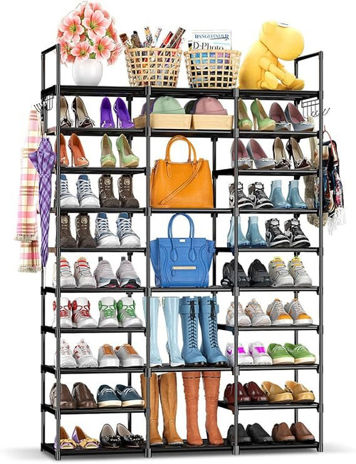 Kottwca Schuhregal, 3–10 Ebenen, Stapelbarer Schuhorganizer für 60–65 Paar Schuhe, Metallrahmen mit Stoffablagen und Haken