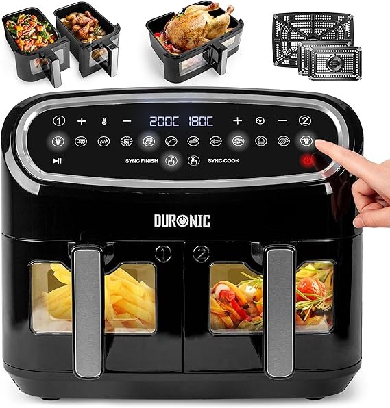 Duronic AF34 BK Airfryer Set – 10 L + 2×5 L Schubladen, 10 Programme, Synchron-Garen & Finish-Funktion, Ölfreie Heißluftfritteuse, Schwarz