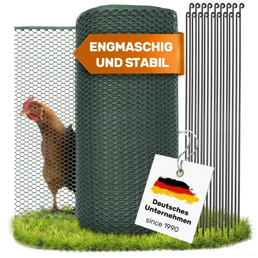 SELFmania Hühnerzaun 25m lang | ENGMASCHIG STABIL UV-SCHUTZ 120 cm hoch | Freilaufgehege Hühner mit 21 Befestigungsstäben + 25 U-Heringe | Hundezaun | Kleintiere | Geflügelzaun | Hühner Zubehör