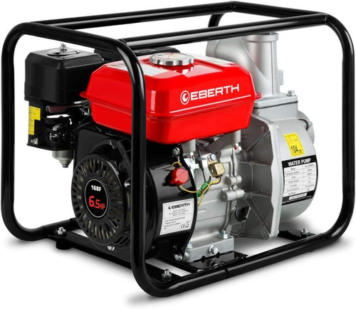 EBERTH 5,5PS Wasserpumpe mit 30.000l/h und 30m Förderhöhe, 2 Zoll Anschluss, Gartenpumpe Schmutzwasserpumpe mit 4-Takt-Motor und 7m Ansaughöhe, Benzin Pumpe, Seilzugstart, Metallfuß, Tragegriff 1