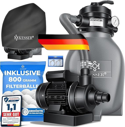 KESSER Sandfilteranlage – Filterballs 700 g ersetzen 25 kg Filtersand – 10 m³/h Pool-Filtersystem – Filtertank für Schwimmbad, Grau