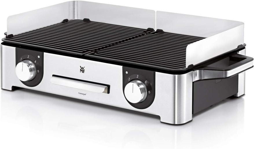 WMF Lono Master-Grill, Elektrogrill, 50×28 cm, Elektrogrill Tischgrill mit Windschutz und Auffangschale, Outdoorzertifiziert für Barbecue, 2 getrennt regulierbare Grillflächen, 2400 W, edelstahl matt