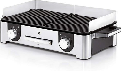 WMF Lono Master-Grill, Elektrogrill, 50×28 cm, Elektrogrill Tischgrill mit Windschutz und Auffangschale, Outdoorzertifiziert für Barbecue, 2 getrennt regulierbare Grillflächen, 2400 W, edelstahl matt