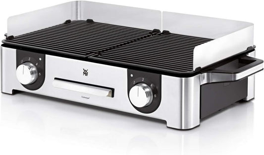 WMF Lono Master-Grill, Elektrogrill, 50×28 cm, Elektrogrill Tischgrill mit Windschutz und Auffangschale, Outdoorzertifiziert für Barbecue, 2 getrennt regulierbare Grillflächen, 2400 W, edelstahl matt