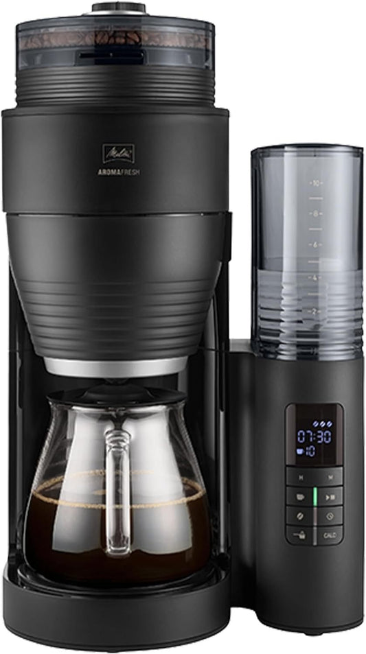 Melitta AromaFresh X – Kaffeemaschine mit Mahlwerk, Filterkaffeemaschine mit Glaskanne und Tropfstopp, für bis zu 10 Tassen Kaffee, schwarz/silber