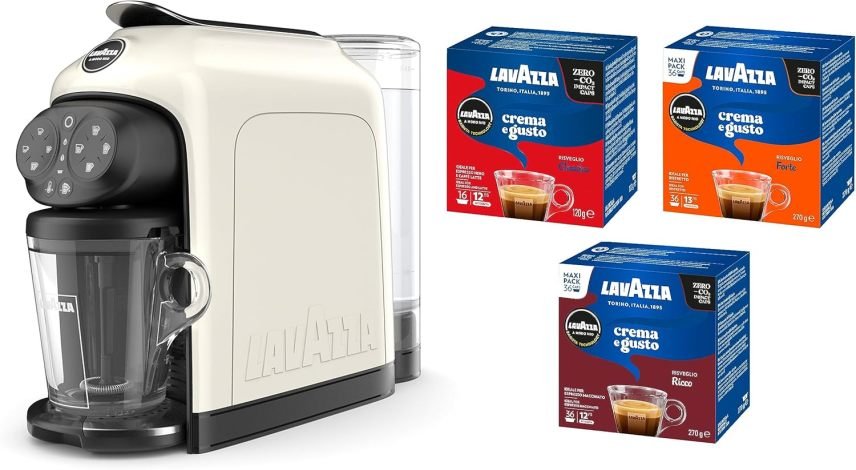 Lavazza, A Modo Mio Kaffeemaschine Deséa White Cream mit 88 Kapseln Crema und Geschmack sortiert, Espresso 1500 W, 220-240 V, 50/60 Hz, Kapazität max. 10 Kapseln und 1,1 Liter Wasser 1