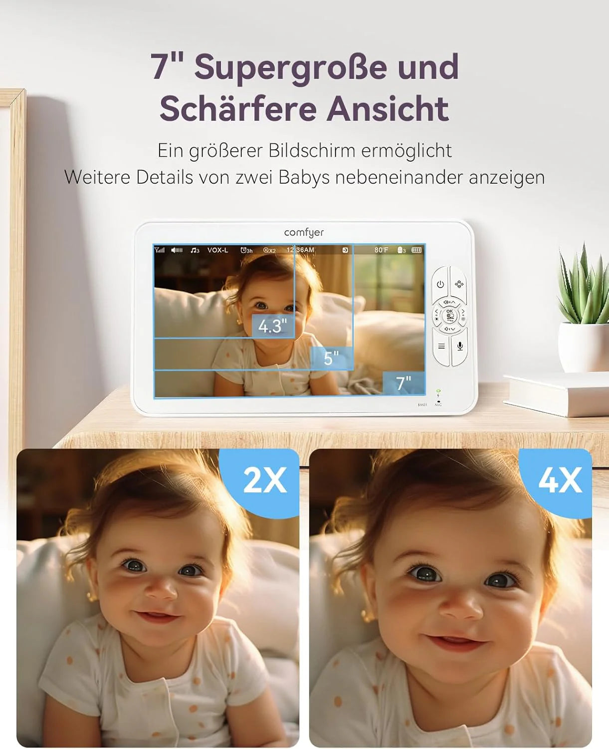 Comfyer Split-Screen Babyphone mit 2 Kameras, 7 HD 720P Video Babyphone ohne WLAN mit Halterung, IR-Nachtsicht Weitwinkelobjektiv Vox-Modus 2-Wege-