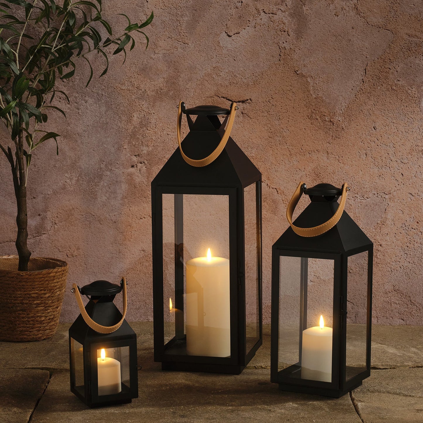 3er Set Brixham TruGlow® LED-Laternen mit Ledergriffen
