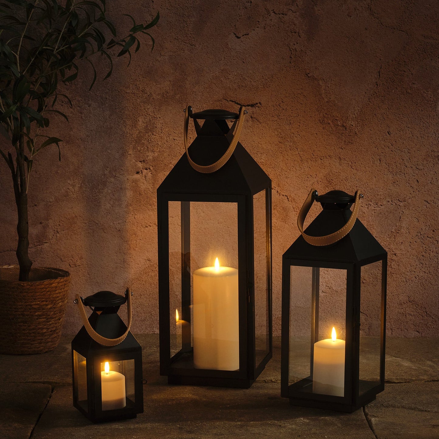 3er Set Brixham TruGlow® LED-Laternen mit Ledergriffen