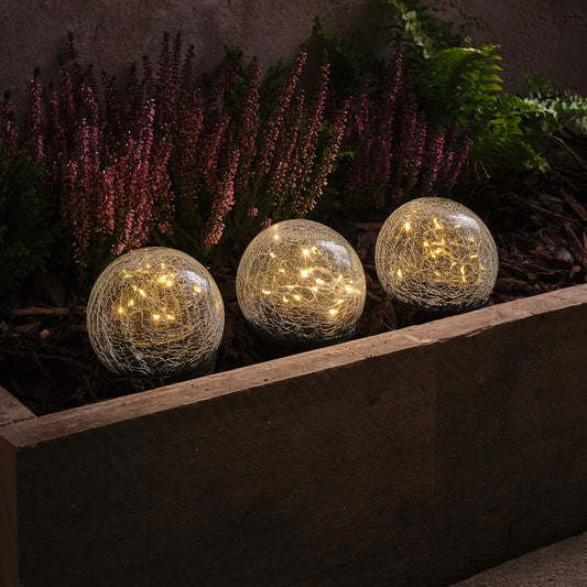 3er Set Solar-Gartenstecker Glaskugeln im Crackle-Look mit 60 warmweißen LEDs