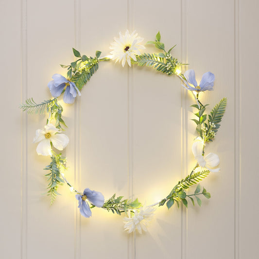 Weißer & blauer LED-Blumenkranz mit warmweißen Mikro-LEDs & Timer