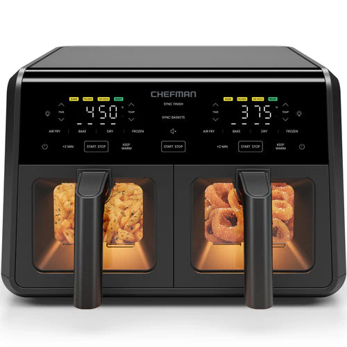 Chefman TurboFry Dual Basket Airfryer 9 Qt. mit Sichtfenster – Heißluftfritteuse mit 2 Fächern, großes Fassungsvermögen, Ölarmes Kochen, Schwarz