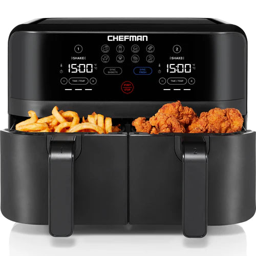 Chefman Double-Basket Airfryer 9 Quart – Heißluftfritteuse mit 2 Fächern, großes Fassungsvermögen, Ölarmes Kochen, Schwarz