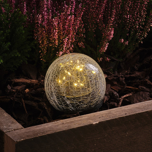 Schwarzer Solar-Gartenstecker Crackle-Glas Glaskugel mit 20 warmweißen LEDs