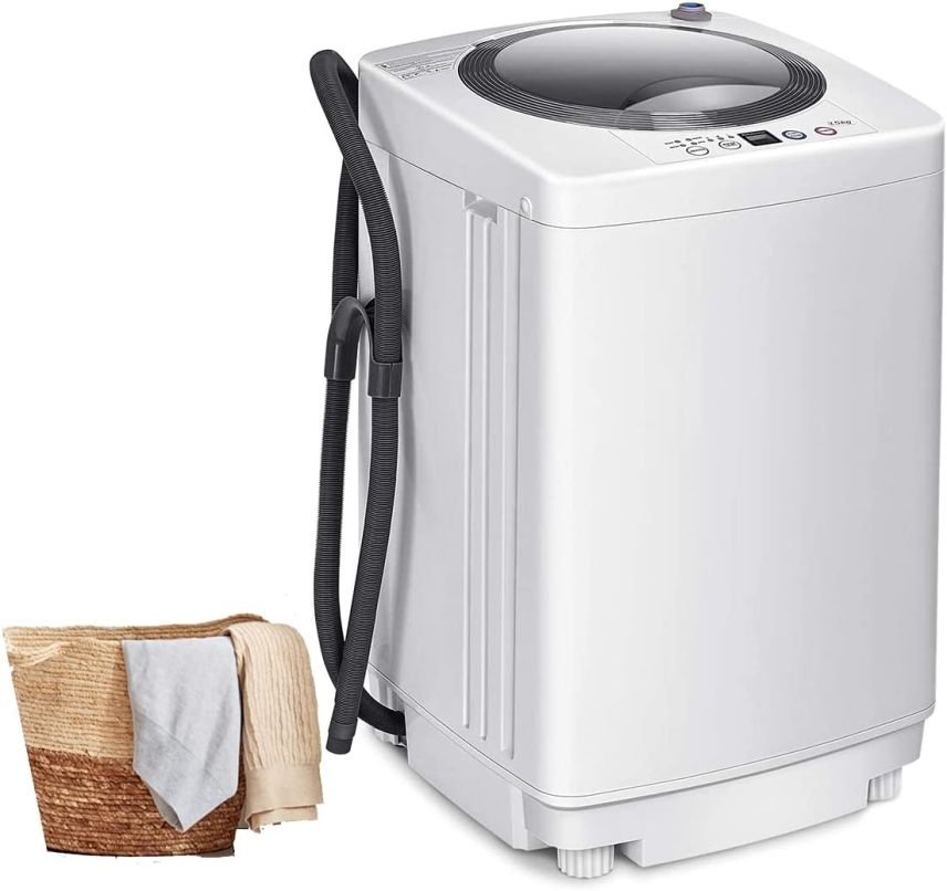 RELAX4LIFE Vollautomatische Waschmaschine 3,5 kg, Waschvollautomat mit Pump & Display, Toplader Miniwaschmaschine mit Schleuder & 6 Wasche-Modelle, 240W, für Camping & Wohnmobil, 43 x 43 x 75cm, Weiß