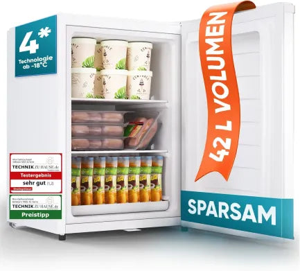 Stillstern Mini Gefrierschrank (42L) -18°C, Eiswürfelschale, Schloss, Türanschlag wechselbar, 4-Sterne Tiefkühlschrank für Camping/Büro Gefriertruhe Klein Gefrierschrank Klein Tiefkühltruhe 1