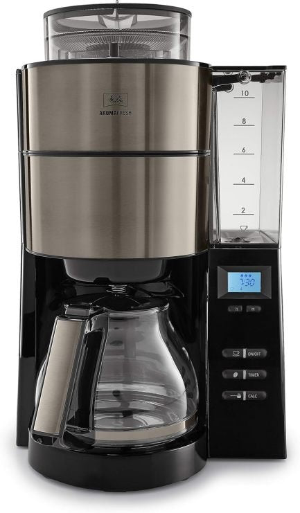Melitta AromaFresh – Filterkaffeemaschine – mit Glaskanne – integriertes Mahlwerk – Timer Funktion – 10 Tassen – Pure Black