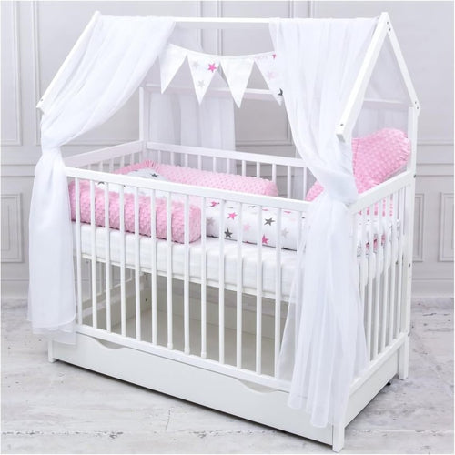 Baby Delux Babybett Komplett Set Hausbett 60×120 cm weiß Schublade Rausfallschutz Kinderbett Matratze Bettwäsche Deko Set (Prince Stars)
