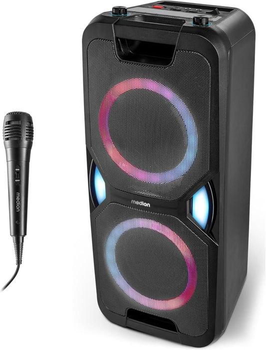 MEDION P61468 Party-Soundsystem (Partylautsprecher inkl. Mikrofon, Karaoke, Akku, UKW Radio, Bluetooth 5.0, Kompaktanlage, 2X 220 Watt, Farbige LED,
