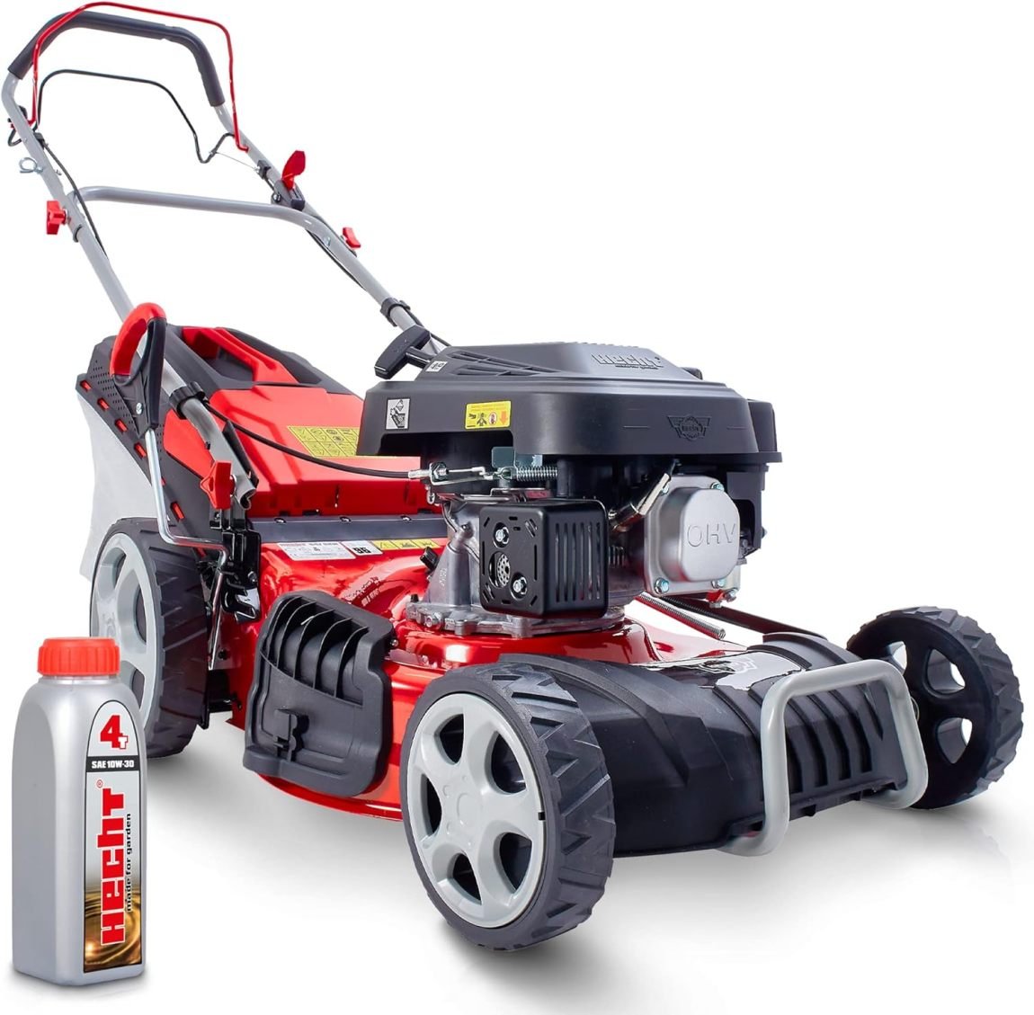 HECHT 5IN1 Rasenmäher Benzin – Bequemer Selbstantrieb – Für Flächen bis 1000 m² – Starker 4 Takt Motor mit 46 cm Schnittbreite – Radantrieb – Mulchfunktion – Seitenauswurf – Rasenmäher Benzin