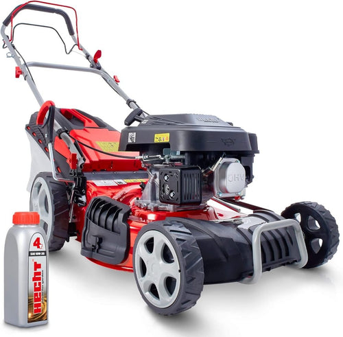 HECHT 5IN1 Rasenmäher Benzin – Bequemer Selbstantrieb – Für Flächen bis 1000 m² – Starker 4 Takt Motor mit 46 cm Schnittbreite – Radantrieb – Mulchfunktion – Seitenauswurf – Rasenmäher Benzin