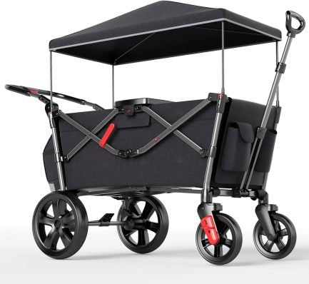 EVER ADVANCED Bollerwagen für 2 Kinder Faltbar mit Dach, Kinderwagen 2×5 Punkt Sicherheitsgurt mit Wickelrucksack, Bollerwagen mit Sitz, Handwagen Transportwagen, Ziehen & Schieben, Fußbremse 1