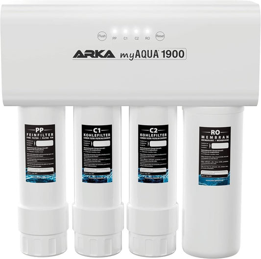 ARKA myAQUA 1900 Umkehrosmoseanlage 1900 L/Tag – Wasserfilter & Enthärtungsanlage, entfernt bis zu 99% Salze, Schadstoffe & Bakterien – Für Aquarien & Haushalt