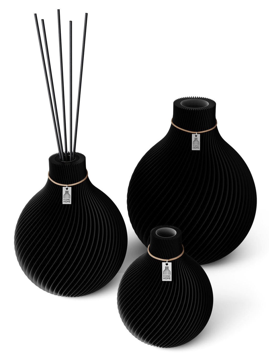 3 Vasen Set Duftvase Sphere Deep Black 26 cm ICONIC HOME Naturfarbenes Band