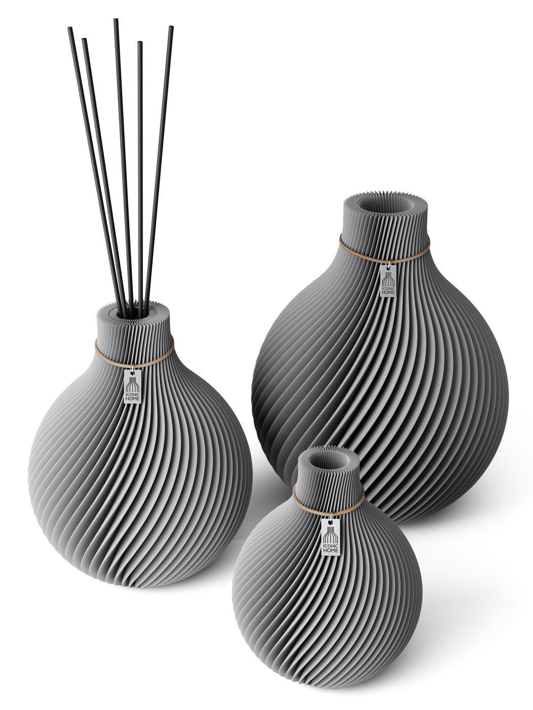3 Vasen Set Duftvase Sphere Dreamy Gray 26 cm ICONIC HOME Naturfarbenes Band