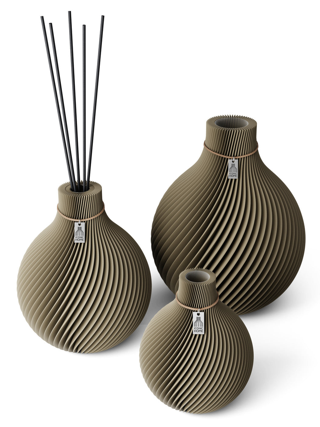 3 Vasen Set Duftvase Sphere Mystic Mud 26 cm ICONIC HOME Naturfarbenes Band
