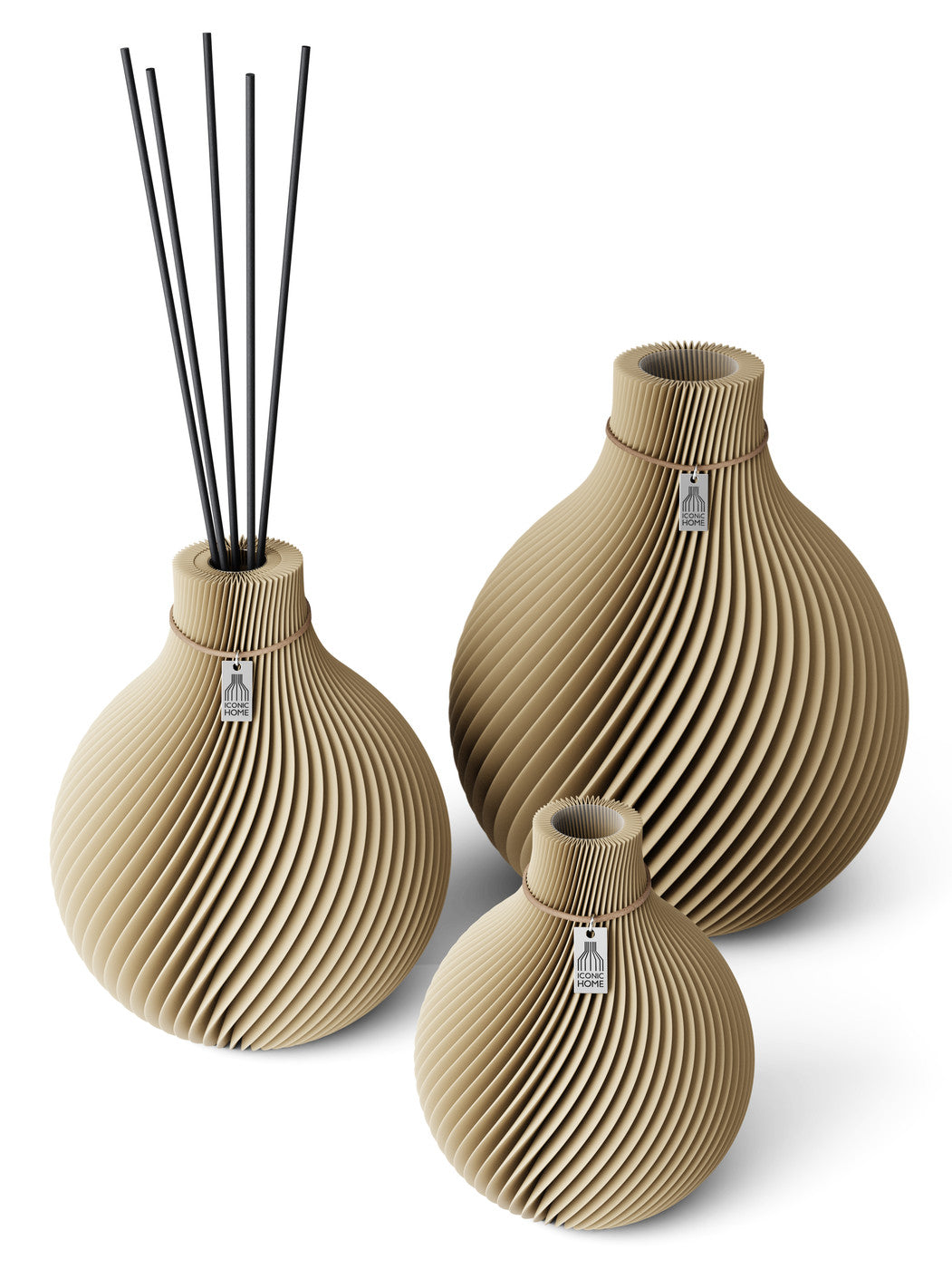 3 Vasen Set Duftvase Sphere Natural Oak 26 cm ICONIC HOME Naturfarbenes Band