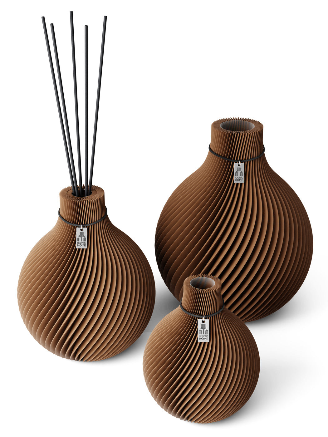 3 Vasen Set Duftvase Sphere Choco Brown 26 cm ICONIC HOME Schwarzes Band