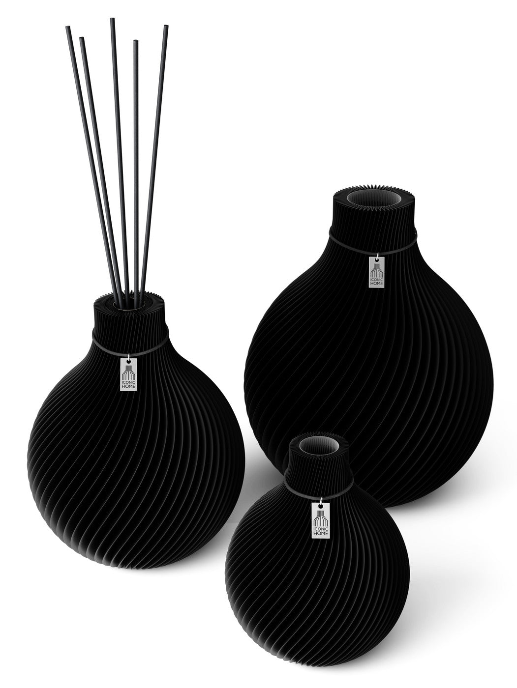3 Vasen Set Duftvase Sphere Deep Black 26 cm ICONIC HOME Schwarzes Band