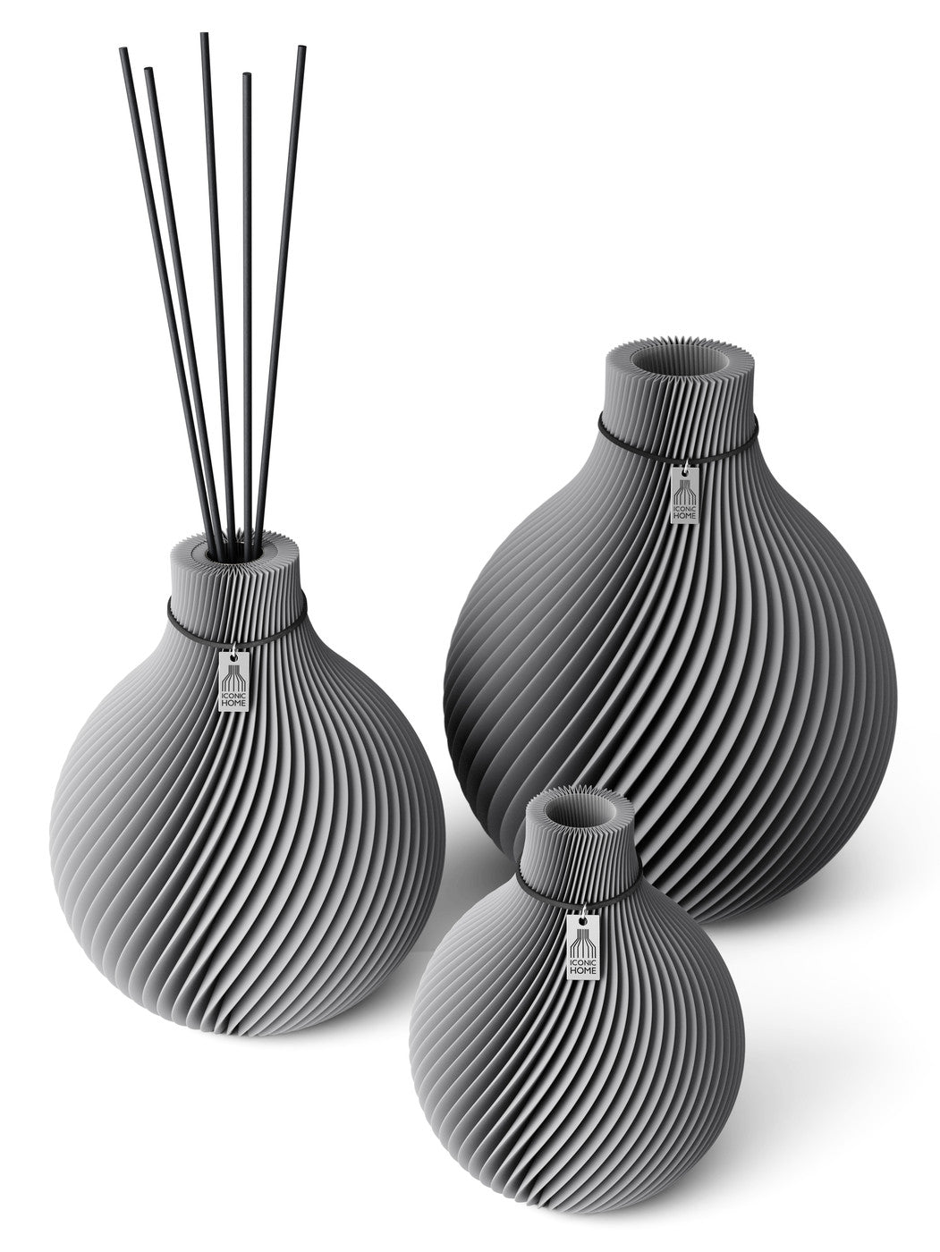 3 Vasen Set Duftvase Sphere Dreamy Gray 26 cm ICONIC HOME Schwarzes Band