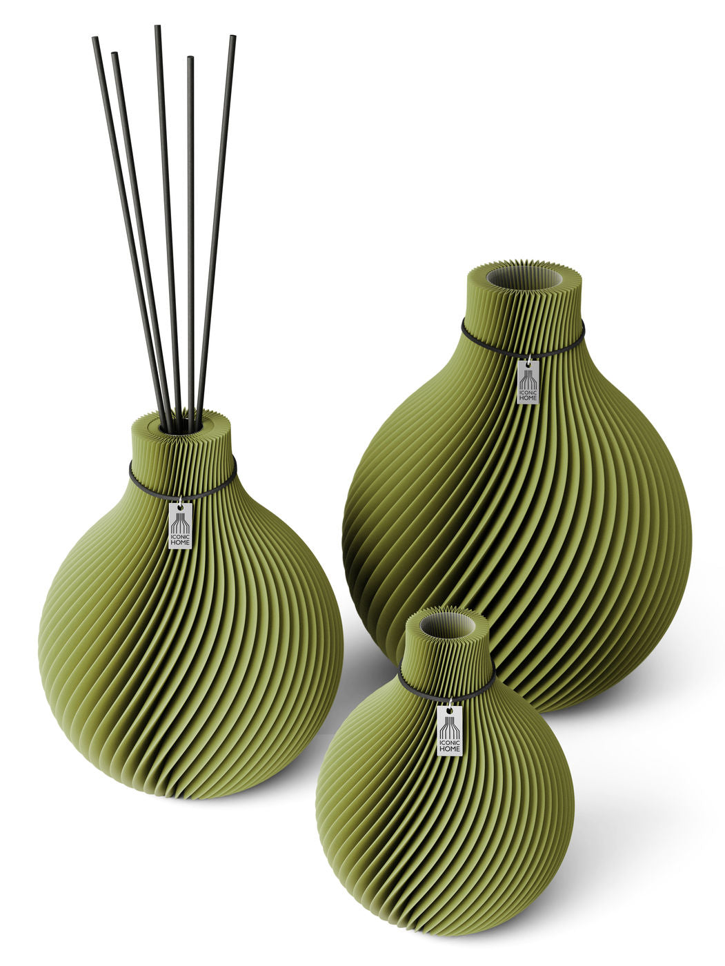 Duftvase Sphere Matcha Green schwarzes Band 26 cm 3er Set ICONIC HOME
