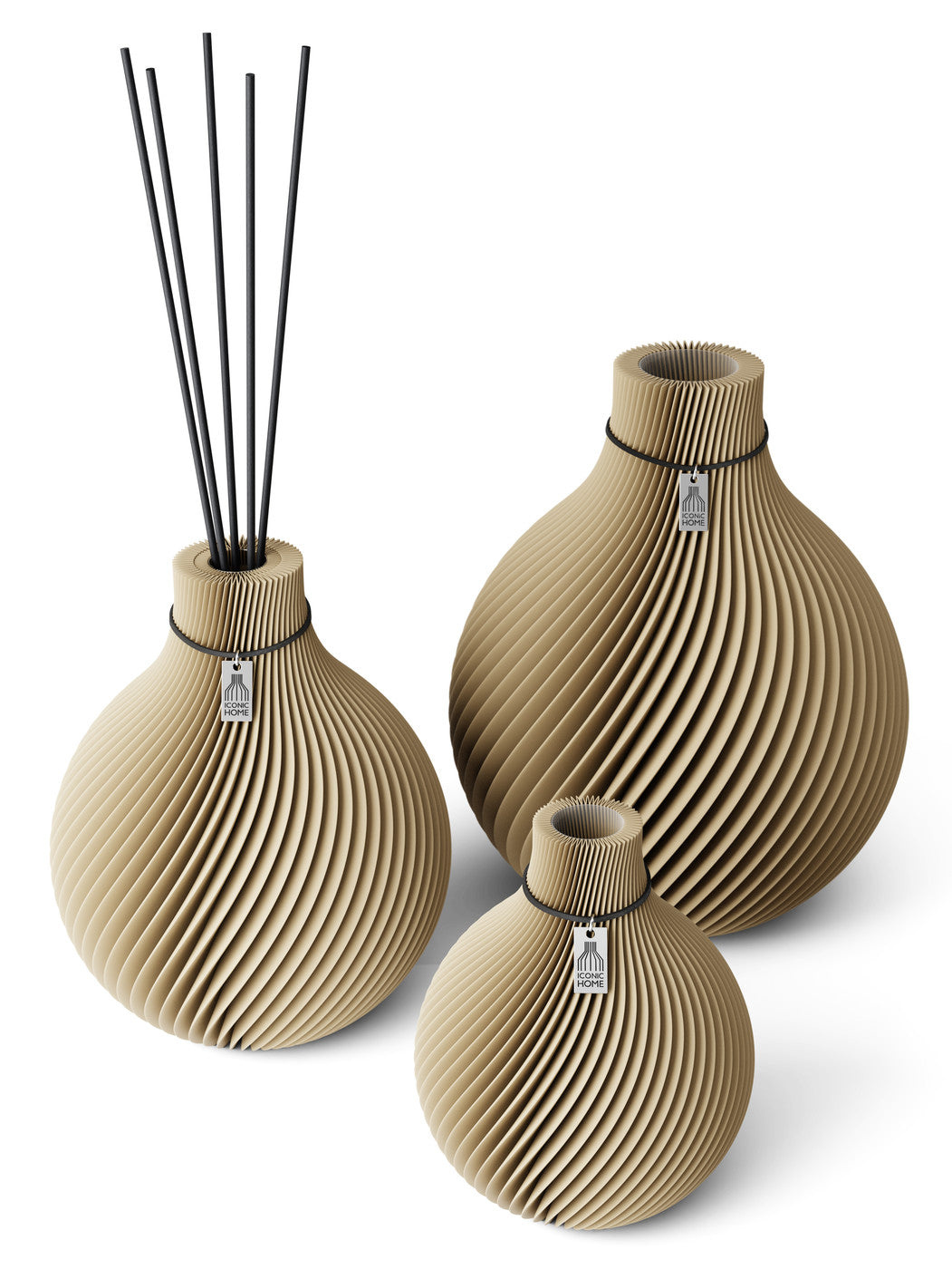 3 Vasen Set Duftvase Sphere Natural Oak 26 cm ICONIC HOME Schwarzes Band