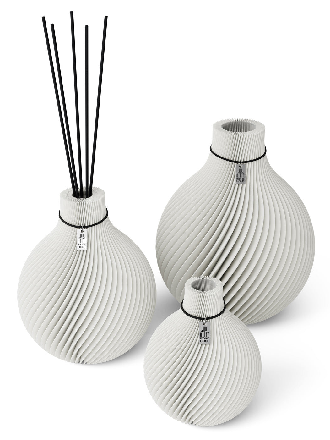 3 Vasen Set Duftvase Sphere Pure White 26 cm ICONIC HOME Schwarzes Band